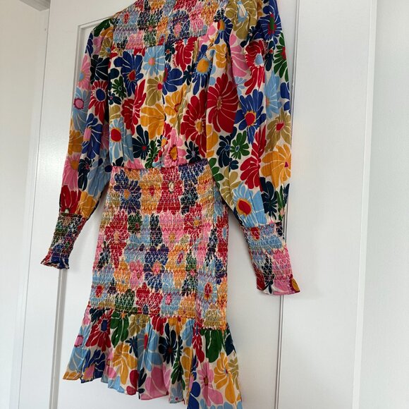 Farm Rio Sunny Daisies Mini Dress Floral Smocked High Neck Puff Sleeves Size XS - Picture 9 of 10